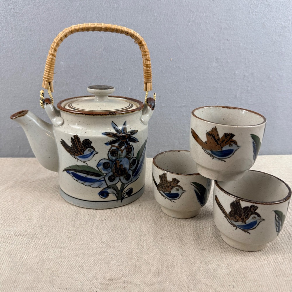 Vintage Tonala Mexican Pottery Tea Set Teapot 3 Cups Bird Floral Burnished